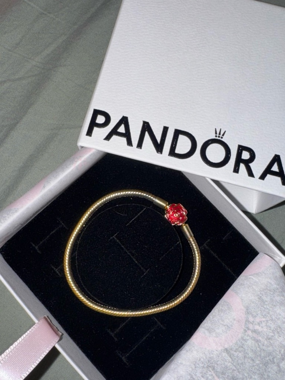 Pandora Gold Tone Bracelet with Red Rose Accent